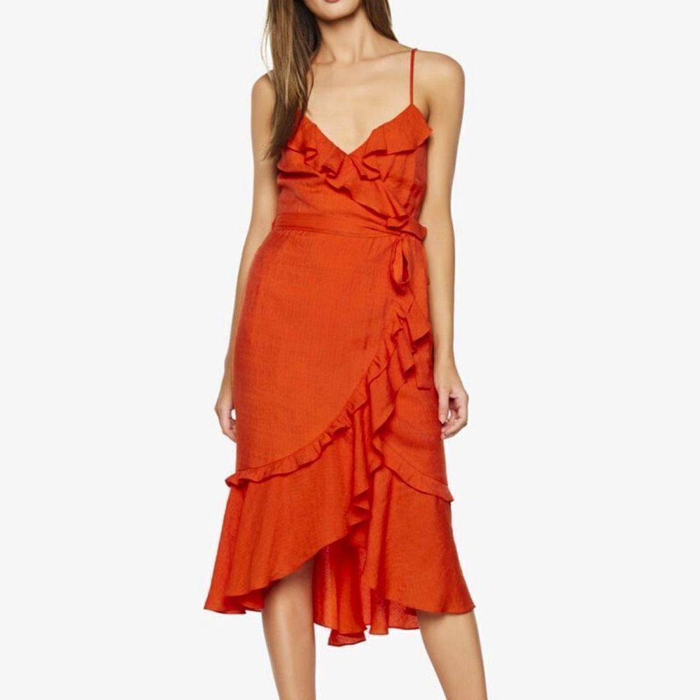 Bardot Zoe Wrap ruffle midi Dress In Flame Red Size L